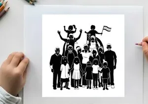 Diverse group of people in silhouette with children on shoulders waving a flag