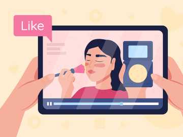 Hands hold tablet with video on make up tutorial flat color vector illustration preview picture