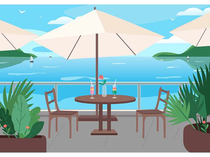 Street restaurant at seaside resort flat color vector illustration