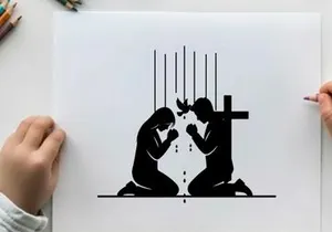 Silhouette of two praying figures by a cross with dove