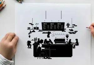 Silhouette of people in a modern coffee shop interior