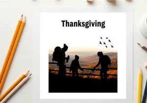 Thanksgiving silhouette of family on a hill watching birds fly