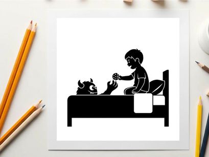 Silhouette of a child and dog interacting on a bed