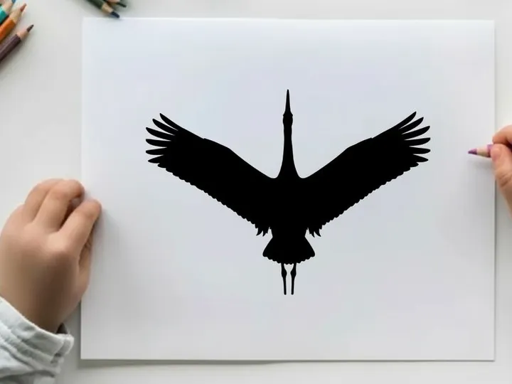 Silhouette of a bird in flight with outstretched wings and long neck