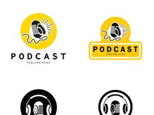 podcast logo with microphone and earphone audio, radio waves. for studio, talk show, chat, information sharing, interview, multimedia and web.