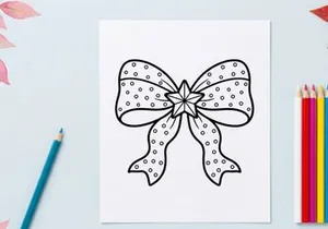 Christmas Bow with Star Icon, Festive Holiday Gift Ribbon Line Art Illustration
