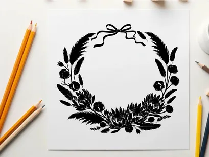 Silhouette floral wreath with bow on white background