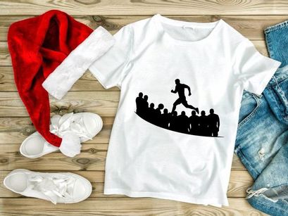 A lone runner sprints ahead of a crowd of people in a black silhouette illustration