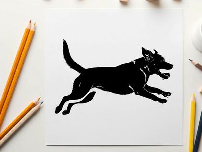 Black silhouette of a dog running quickly to the right