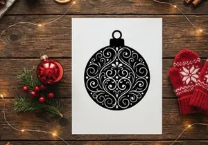 Siluet bola natal hitam dengan pola sulur bunga rumit di latar belakang putih