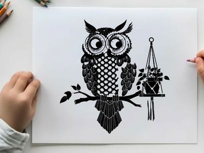 Owl silhouette perched beside hanging plant