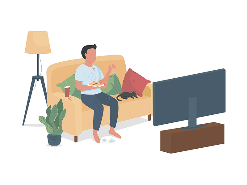 Untidy guy watching television semi flat color vector character
