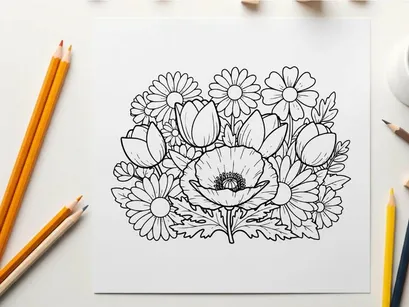 White daisies and poppy flowers bouquet vector illustration