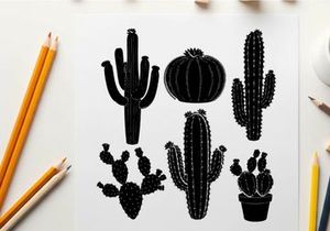Silhouette of various cacti and potted plants