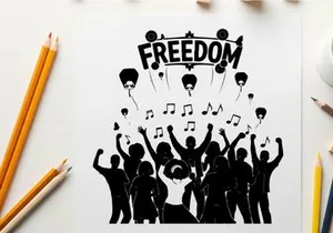 Silhouette of people celebrating freedom with music and balloons