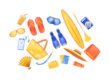 Summer beach essentials flat color vector objects set preview picture