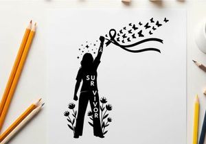 Silhouette of survivor releasing birds with ribbon symbolizing hope and freedom