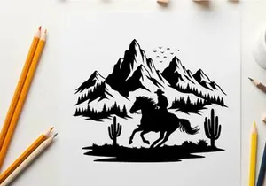 Cowboy riding horse silhouette in desert mountain landscape