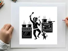 Silhouette of a joyful chef dancing with dog in kitchen