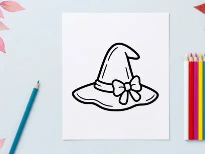 Topi penyihir bergambar tangan dengan pita. Ilustrasi aksesoris pesta klasik hitam putih untuk desain meriah.