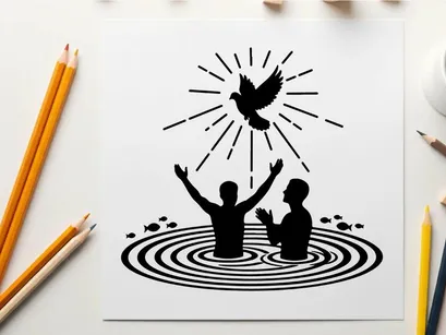 Silhouette of two people in water with a bird silhouette