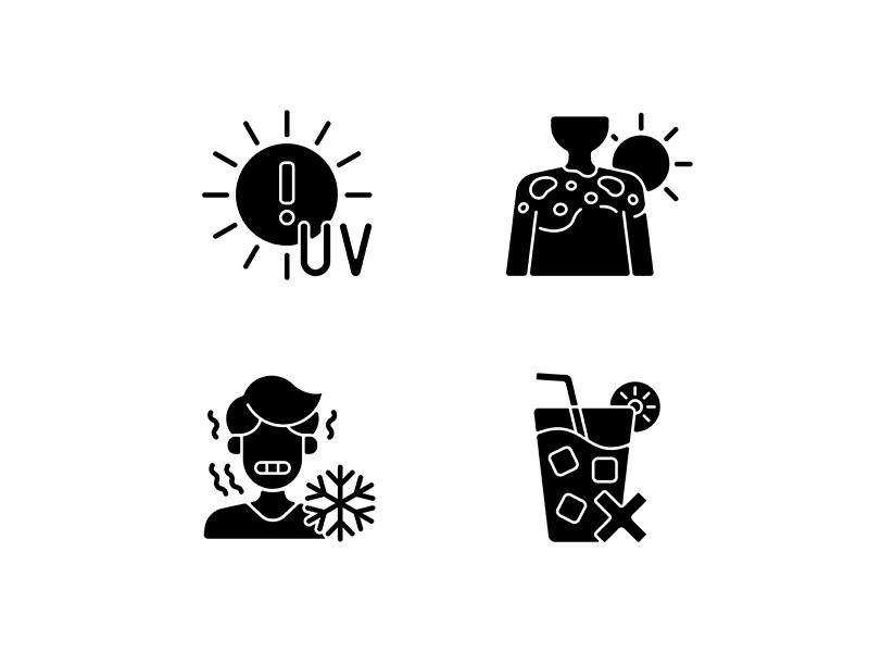 Sunburn risk black glyph icons set on white space
