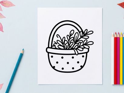 Hand-drawn Halloween basket with green monster plant. Spooky trick-or-treat container filled with eerie foliage for festive decor.