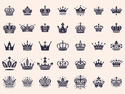 Royal Crown Silhouette, Retro King Crown Icons.