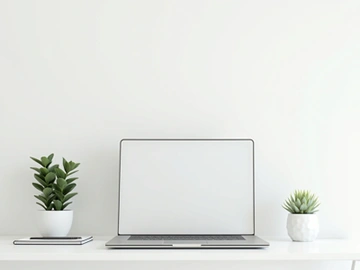 Minimal desk workspace with laptop, notebook, and indoor plant preview picture
