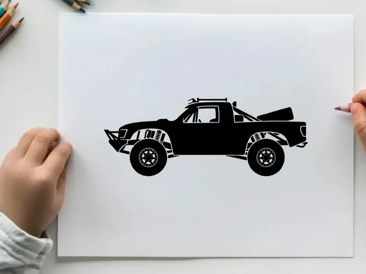 Silhouette of a pickup truck with a palm tree in the back