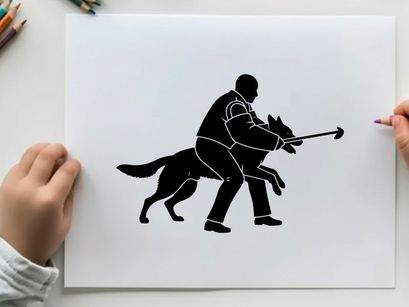 Silhouette of a man and dog in a training exercise with tug toy