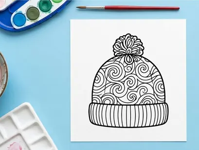 Winter beanie hat coloring page with swirl patterns and pompom for Christmas holiday craft