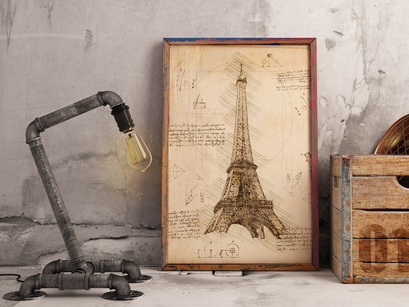 Eiffel Tower Paris, France in Vintage Steampunk Da Vinci Drawing Style