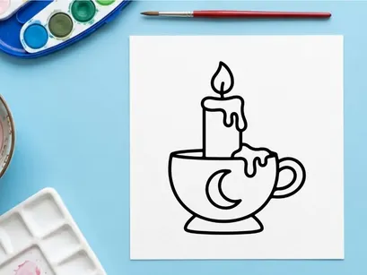 Halloween candle in a moon cup icon. Spooky wax light in a teacup vector illustration.