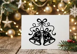 Black and white Christmas bells illustration with ribbon and holly leaf design elements.