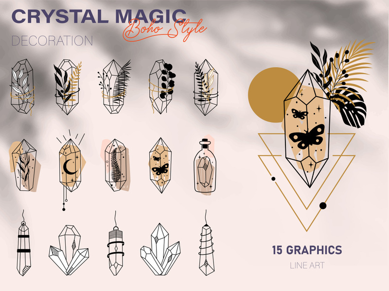 Celestial set. Moon crystal set. Hand drawn lines magic celestial crystals, stars flowers. Mystical boho element