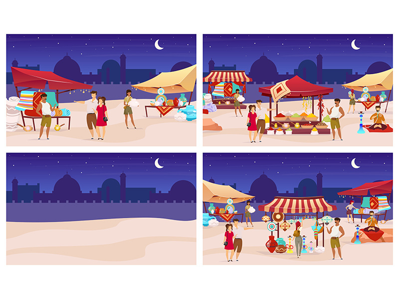 Night bazaar flat color vector illustrations set