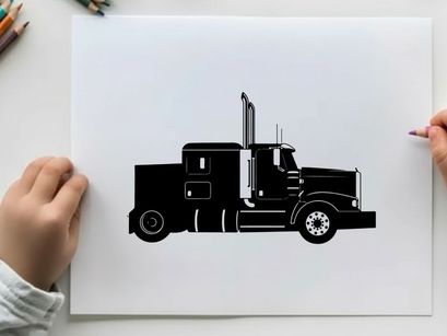 Silhouette of a semi truck against a white background