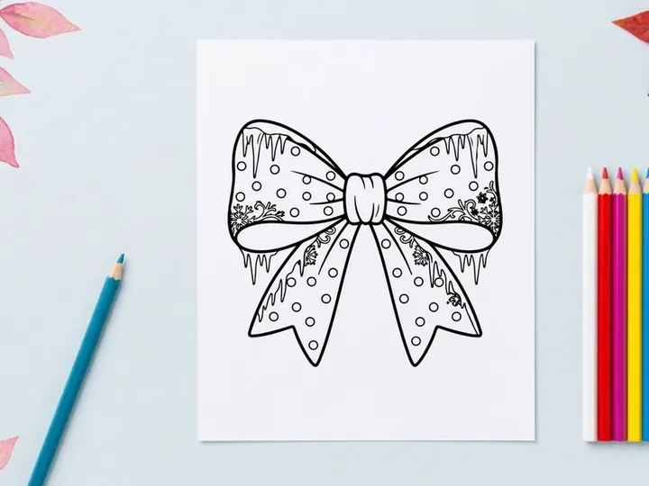 Christmas bow line art illustration with icicles and snowflakes for holiday coloring page.