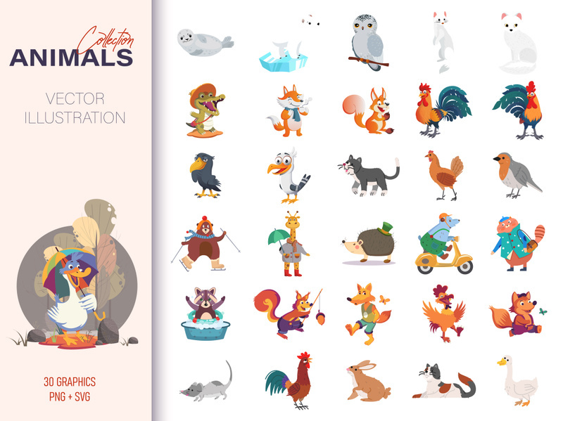 Set of comic animals, cartoon character animals vector illustration collection.