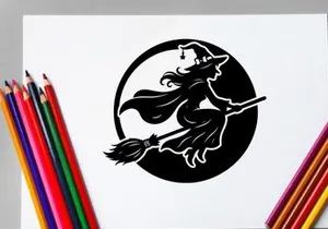 Black and white witch riding broomstick in moonlit night