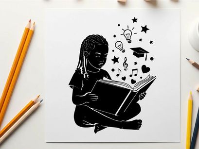 Silhouette of a girl reading with creative thoughts silhouette