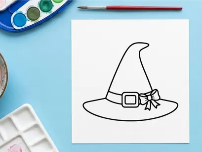 Hexenhut-Symbol für Halloween und Fantasy-Design. Klassische spitze Zauberer-Kopfbedeckung mit Schnalle und Stern-Detail im flachen Vektorstil.