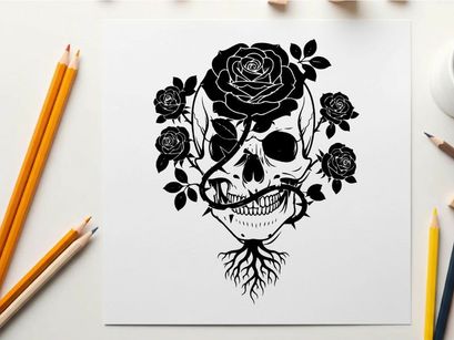 Silhouette skull with roses and roots silhouette