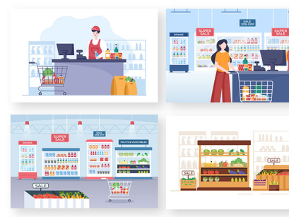 15 Supermarket Shopping Cartoon Illustration