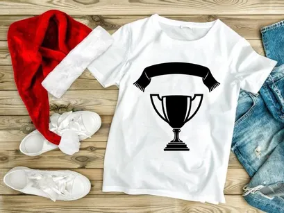 A black trophy cup icon with a decorative banner on top