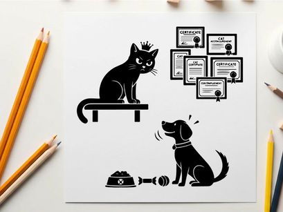 Silhouette of cat and dog with certificates on wall