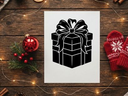 Black and white Christmas gift box with bow and ribbon