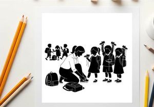 Silhouette of a teacher and children with school bags and birds