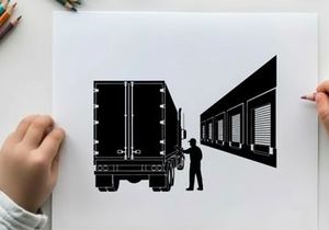 Silhouette of a man standing next to a truck at a warehouse dock